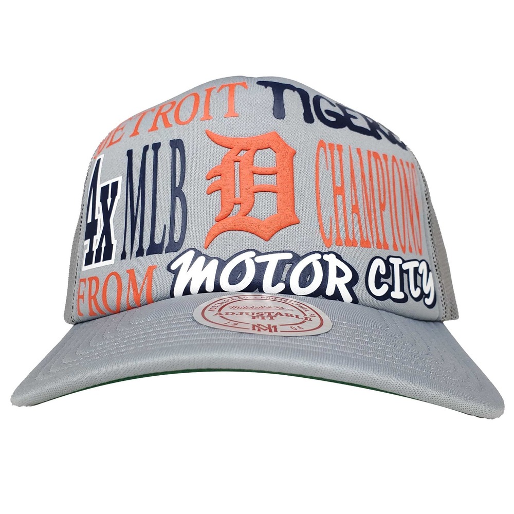 Detroit Tigers Mitchell & Ness MLB Trucker Cap Hat Puff Print Logo Gray Mesh NWT